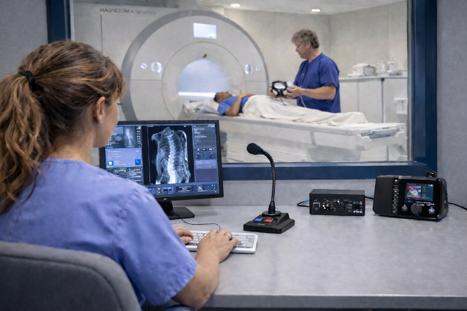 Scan Sound IS-2003 MRI audio system in an MRI control room, providing streaming music and patient audio during an MRI examination.