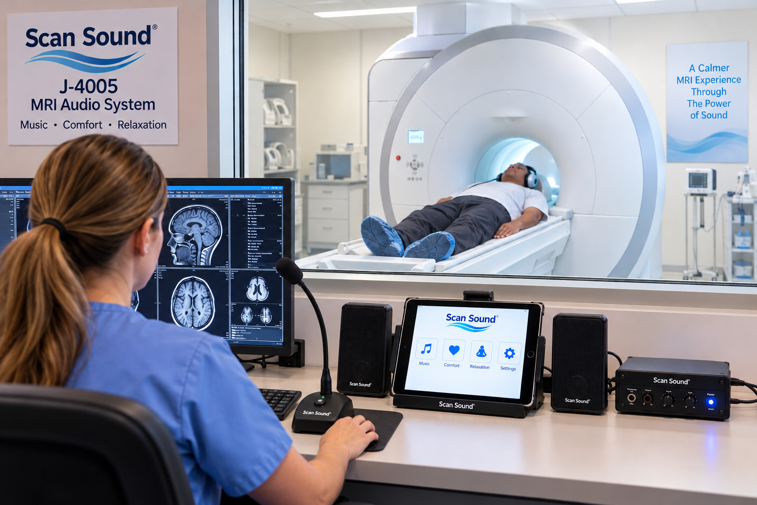 J-4005 Deluxe MRI Patient Audio System with Apple iPad Scan Sound J-4005 Deluxe MRI patient audio system with Apple iPad, speakers and technologist microphone, providing music and patient communication during an MRI examination.