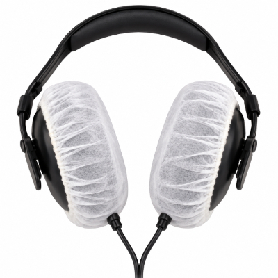 SS-2-200 White Disposable Headphone Covers for MRI Headphones Scan Sound SS-2-200 white disposable headphone covers shown on NRH-101 Noise Reduction MRI Headphones, providing a protective barrier between the patient and headphone cushions.